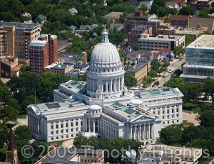 Aerial photograph of Wisconsin State Capitol Madison. The capital photographed from an airplane in the summer of 2009.