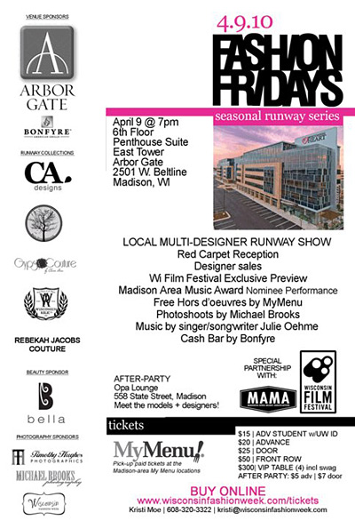 Fashion Fridays flyer. Fashion and runway show taking place on April 9 in Madison, Wisconsin.