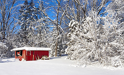 red shed in winter snow