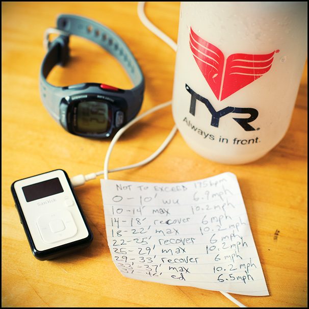 Triathlon and run gear and workout sheet.