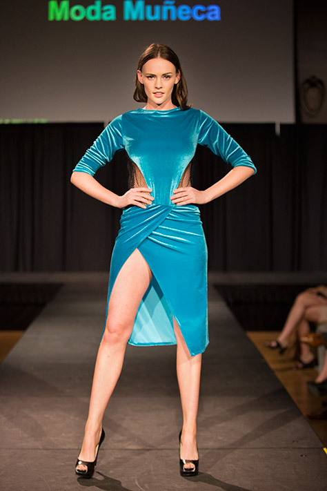 Model in blue dress