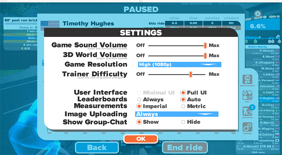 The Zwift settings menu. When a smart trainer is attached, you'll see the trainer difficulty slider. 