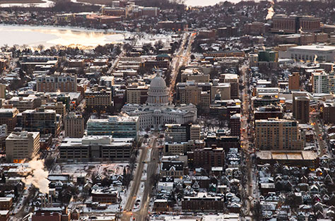 Aerial Madison, Wisconsin at golden hour
