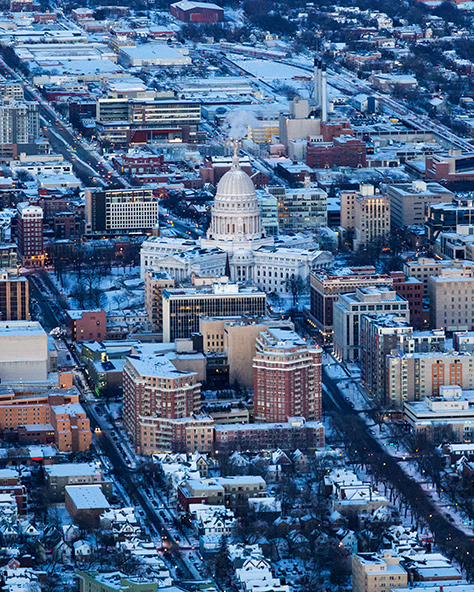 Twilight aerial photography over downtown Madison