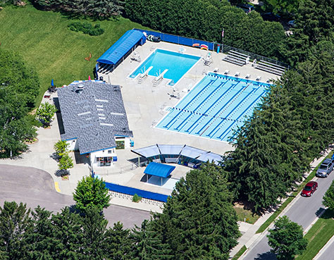 Aerial photo of Hill Farms pool in the summer