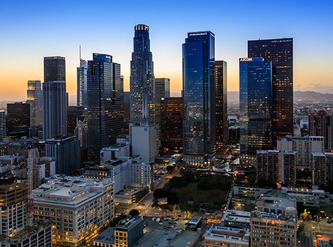 Aerial photo of downtown Los Angeles at night. 