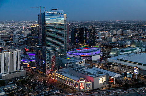 Aerial photo of downtown Los Angeles at night with Staples Center. 