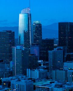 Aerial photo of downtown Los Angeles at twilight.