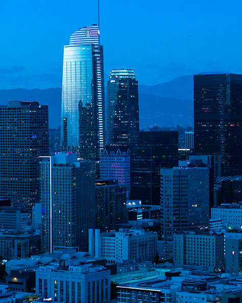Aerial photo of downtown Los Angeles at blue twilight. 
