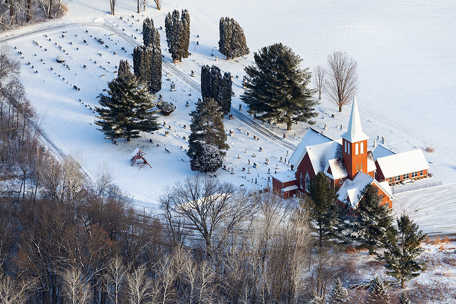 Chapel in the winter from plane (aerial photo).