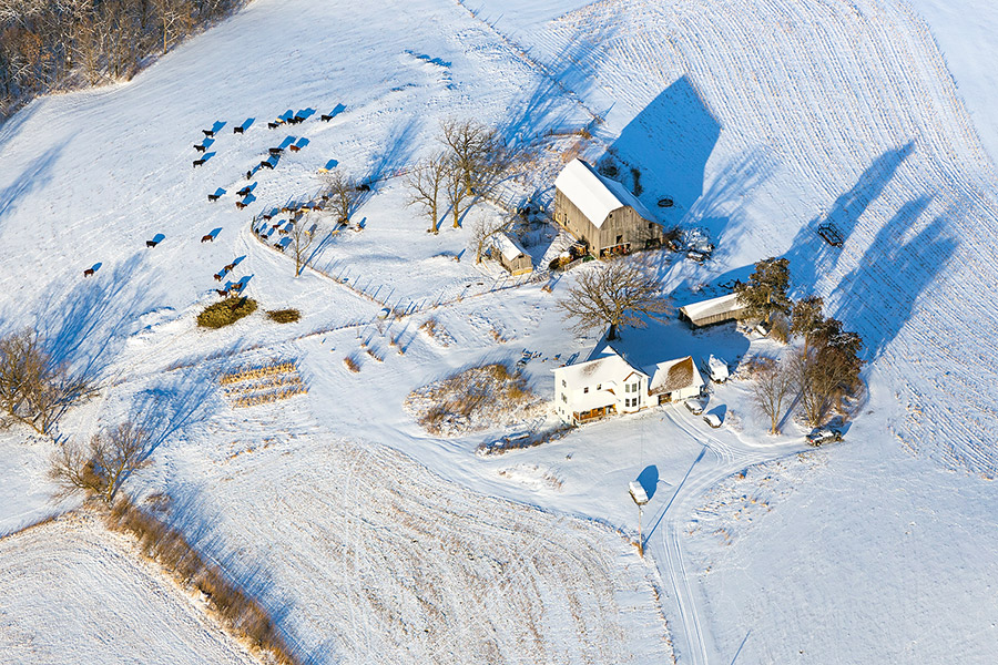 Aerial photo of farmstead in winter