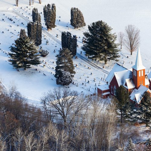 Aerial photograph of a church in the winter