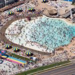 An aerial photo of a crowded Wisconsin Dells waterpark in summer