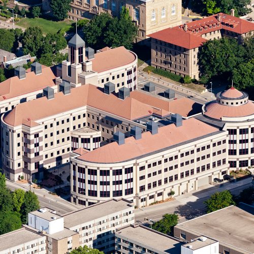 Aerial photograph of Grainger Hall in Madison, WI