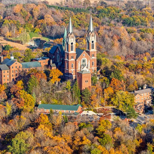 Aerial photo of Holy Hill in Eastern Wisconsin in the fall.