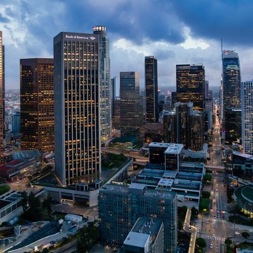 Aerial, color photo of downtown LA at night