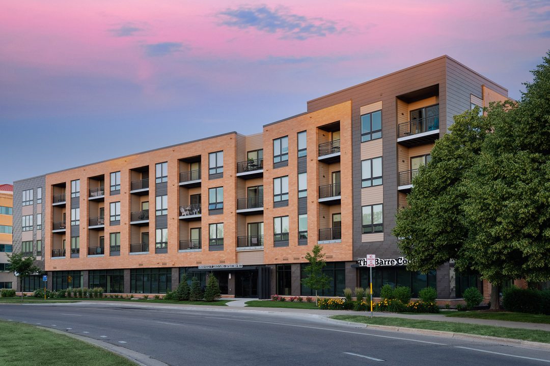 Exterior photo of commercial apartments. University Crossing in Madison.