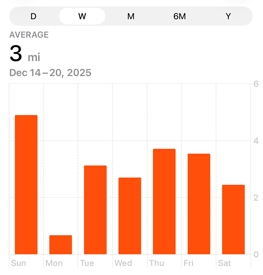 I walked an average of three miles a day, which is typical for my vacations.    